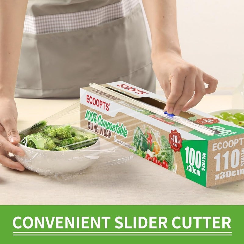 ECOOPTS 100% Compostable Plastic Cling Wrap Dispenser With Slide Cutter 12 inch Food Service Cling Film Wrap Roll - 12" x 360 Ft ECO friendly Food Wrap(The Slide Cutter stored in The Inner core of The roll) - Image 4